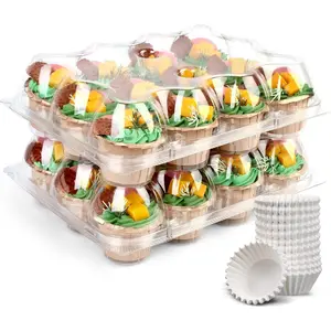 Cupcake Containers 12 Count, 12 Sets, Plastic Dozen Cupcake Boxes, Disposable Cupcake Carrier Holder with Detachable Tall Dome Lid, BPA Free, Standard Size