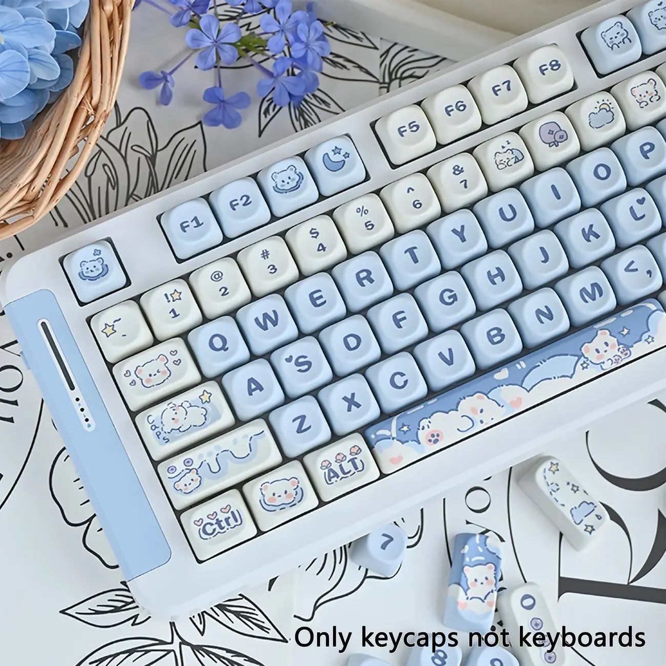 Moa High Spherical KeyCaps, Pbt Material, Thermal Sublimation, Blue, Panda Cartoon, Fits Various Keyboard  KeyCap Sizes