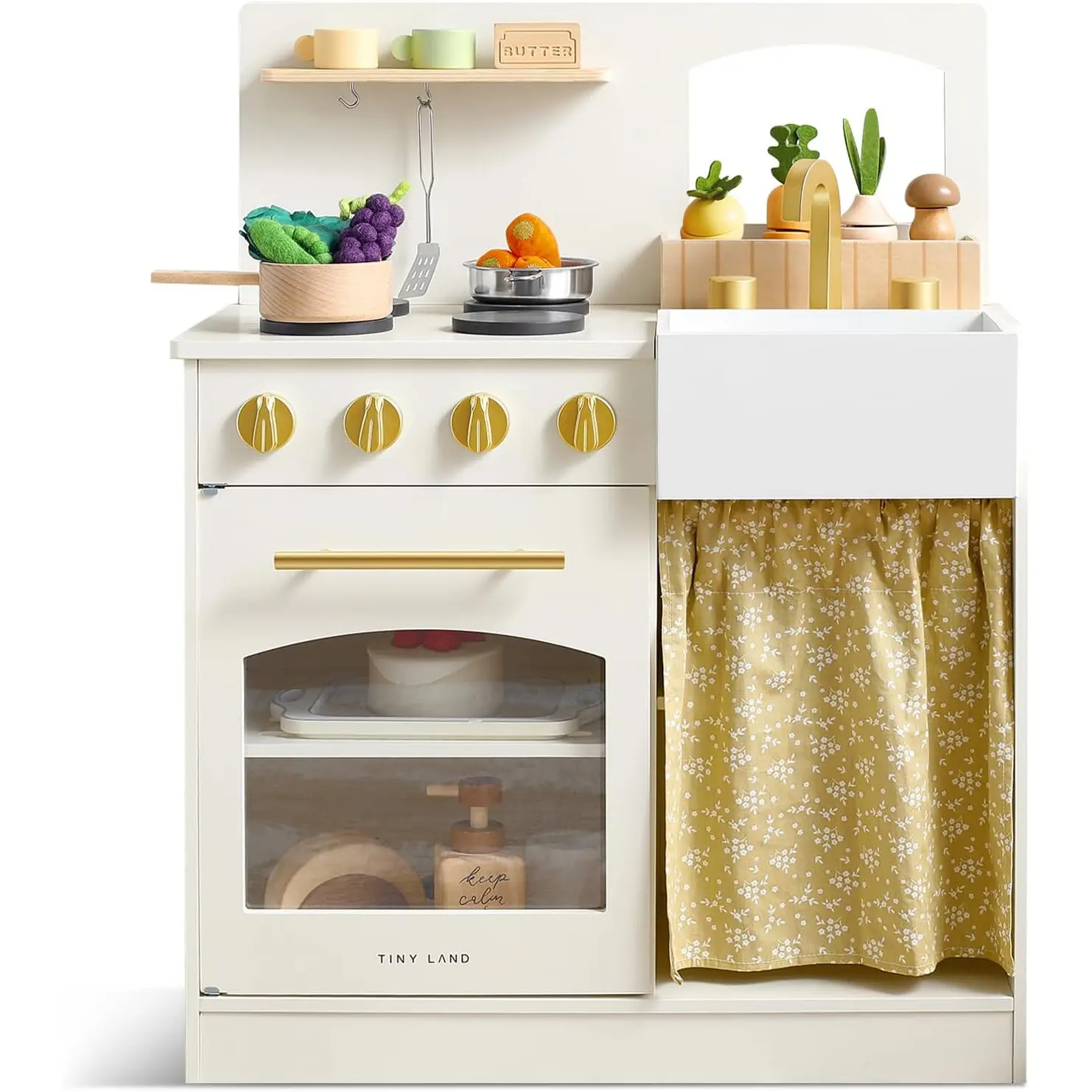 Wooden Play Kitchen for Toddlers, Compact Cream Pretend Play Set