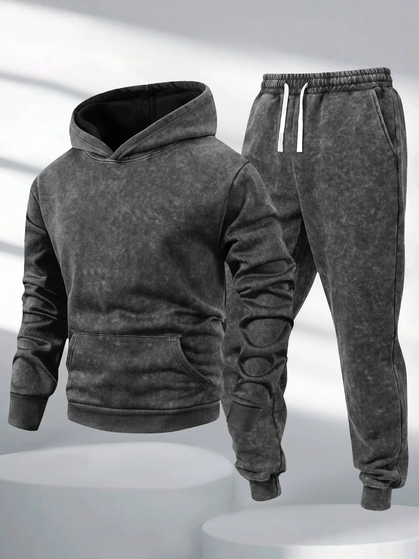 Men's classic 2-piece stretch cotton casual set featuring a vintage acid-wash hoodie and matching pants with an elastic drawstring waist, pockets, and ribbed cuffs. Ideal for casual sports, outdoor activities, and wear during spring, autumn, and winter.