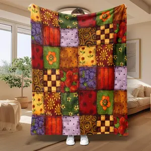 Colorful Patchwork Pattern Flannel Blanket, Soft Comfortable Throw Blanket, Warm Napping Blanket for Home Office Travel