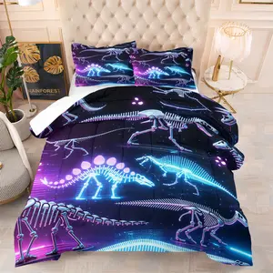 2/3Pcs Neon Dinosaur Skeleton Print Comforter Set, Fantasy Style Bedding Set, Soft, Multiple Sizes, Bedding Decor for Bedroom, Dormitory, And Apartment