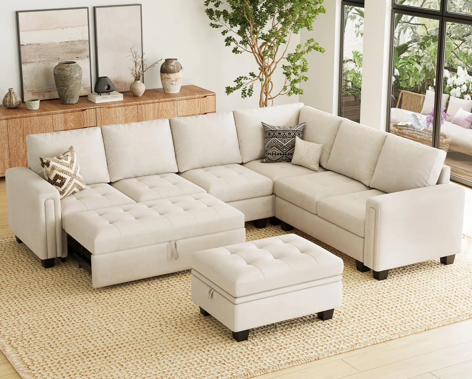 [Summer Sale Deals]Belffin Modular Sectional Sofa with Pull Out Couch Bed Convertible Velvet Corner L Shaped Sectional Sleeper Sofa Couch with Storage Ottoman Chaise for Living Room,Beige