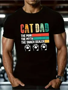 1pc Men'S Funny for cat Dad Graphic T-Shirt |   Retro " for cat Dad The Myth The Snack Dealer" Print with Paw Prints - Short Sleeve Crew Neck Casual Tee - All-Season Comfort Fit for Cat Lovers and Snack Dealers - Humorous Gift Idea for Casual Attire