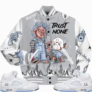 Retro White Metallic 5s Outfits Varsity Jacket, Scary Trust No One Unisex T-Shirts To Match Sneakers Streetwear
