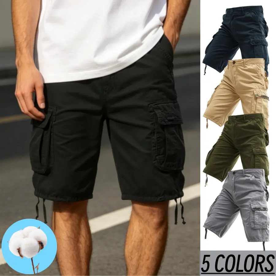 Men's Cotton Multi Pocket Cargo Shorts, Knee Length Casual Work Shorts, Breathable Outdoor Hiking Summer Shorts For Men, 5 Solid Colors Available
