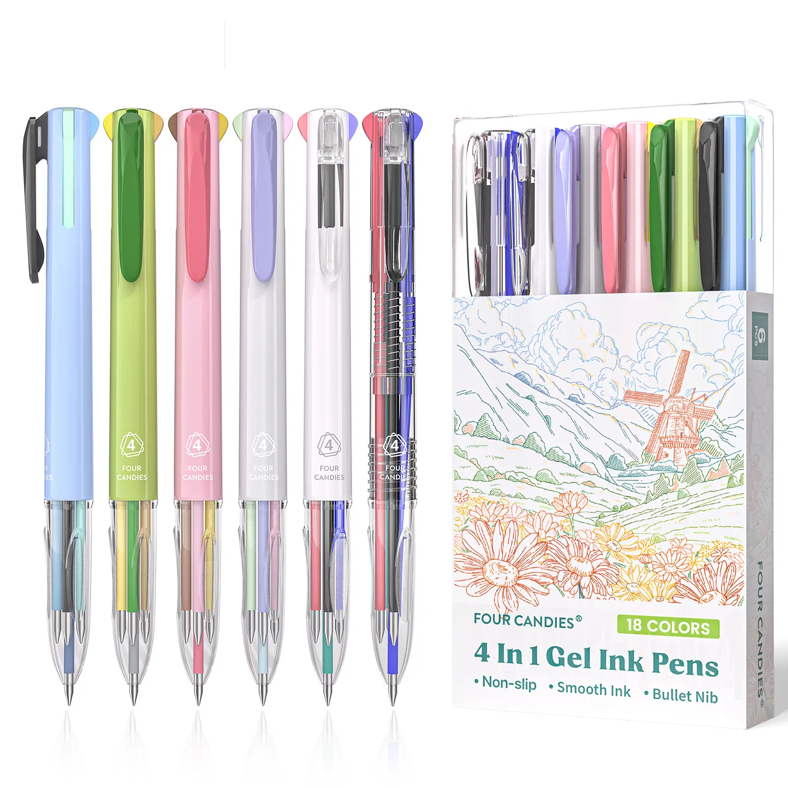 6 PCS Multicolor Pen, 0.5mm Colored Pens, 4-in-1 Multicolor Ink Pens, 18Colors Retractable Ink for Office, School & Back to School Supplies