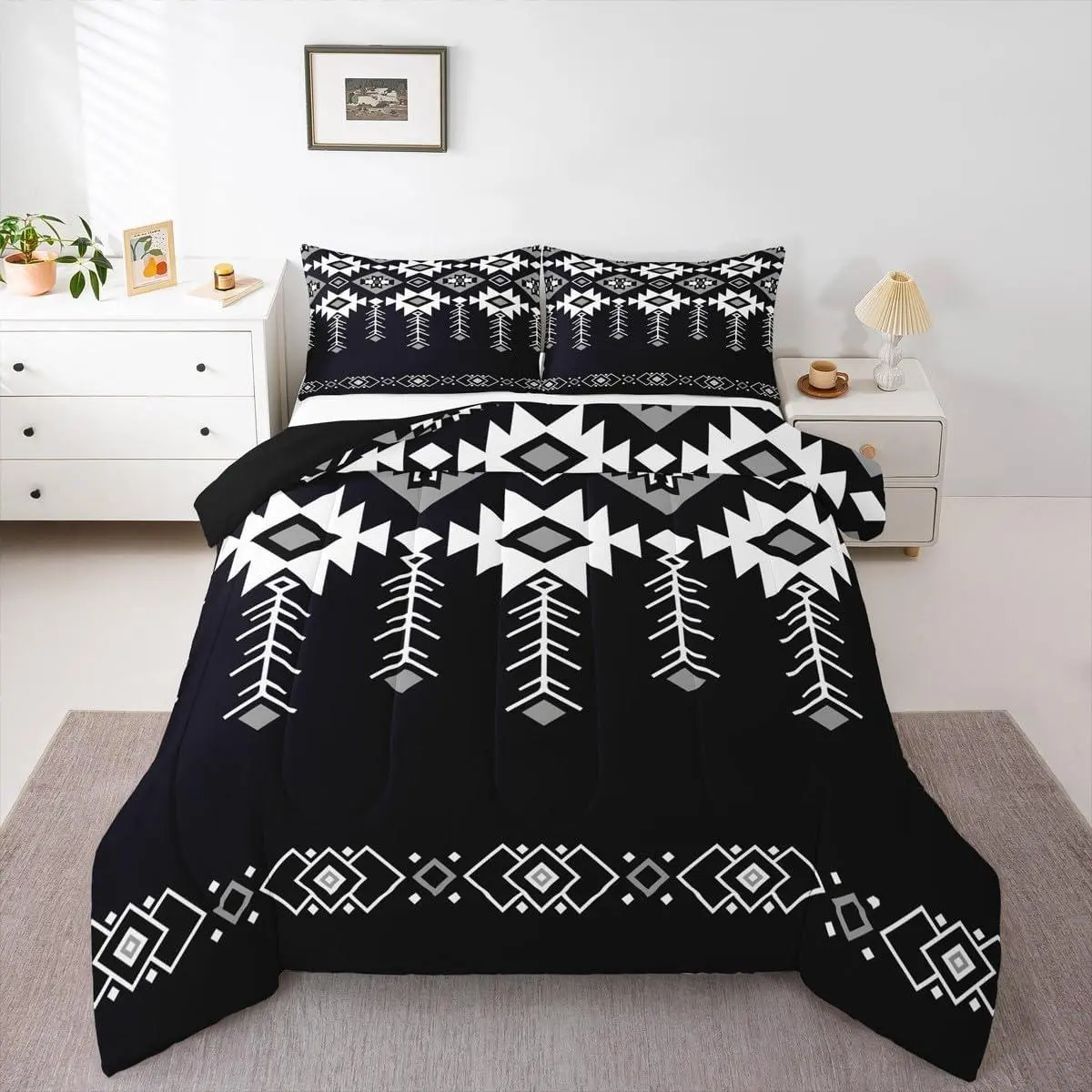 Western Aztec Bedding Set for Boys,Boho Southwestern Comforter Set for Teens Adult Women American Native Down Comforter Vintage Ethnic Rustic Geometric Quilt,Black White