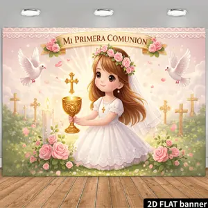 2D Flat Banner Polyester Photography Backdrop, HD Digitally Printed First Communion Theme Background Cloth, featuring a cartoon girl in white dress, golden chalice, cross, doves, and pink roses, soft lightweight foldable for relig