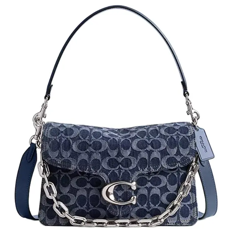 COACH Tabby 26 Medium Denim Crossbody Bag with Chain Strap and Zipper Closure for Women in Dark Blue