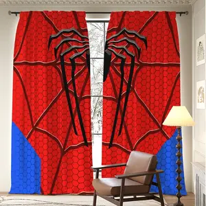 [Black Spider Design] Set of 2 Digital Print Polyester Curtains Featuring a Black Spider Design on a Red Mesh Backdrop. These Blackout Panels with a Rod Pocket Style Are Ideal for Enhancing The Decor of Your Living Room, Kitchen, Bedroom, And Dining Area