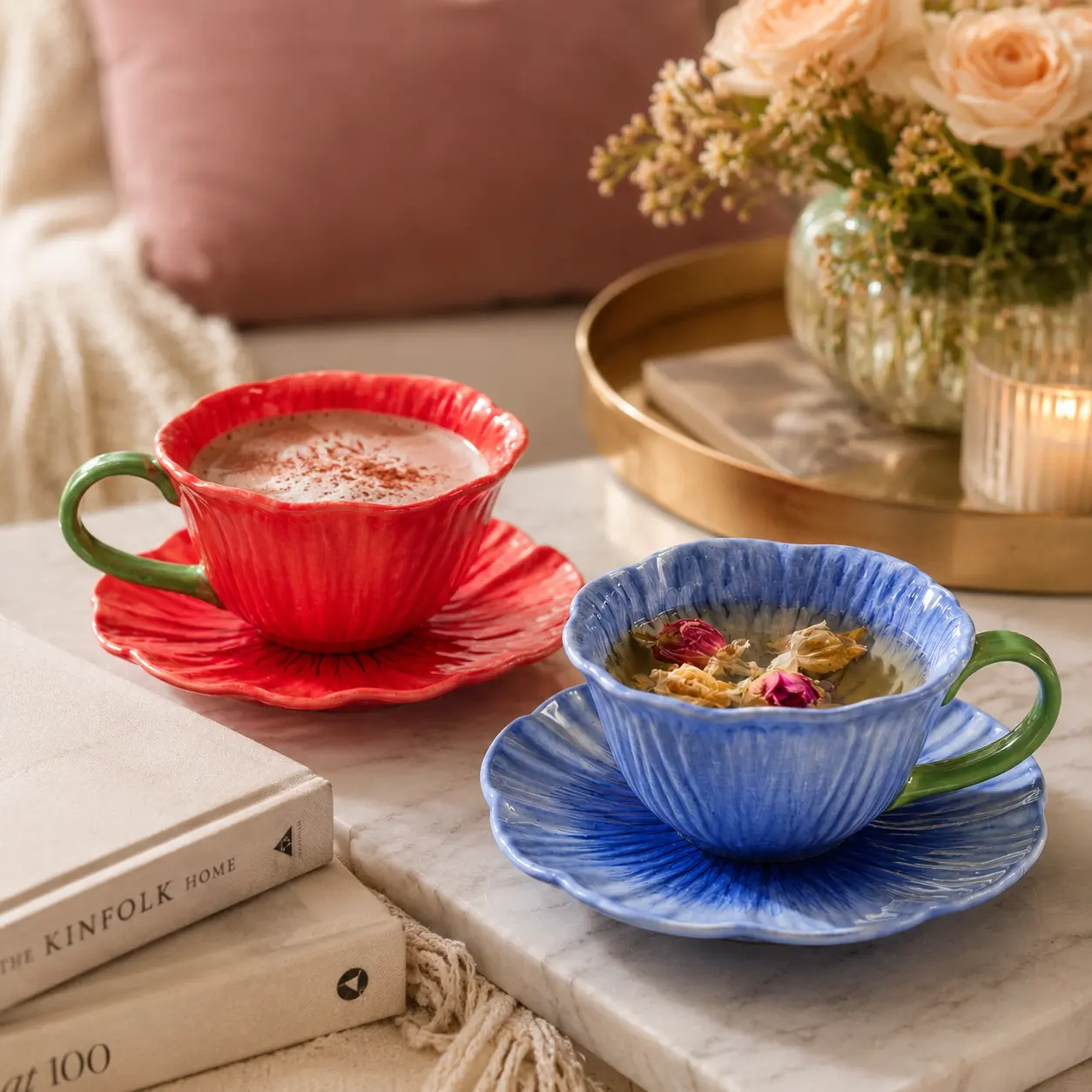 2-Piece Flower-Shaped Ceramic Coffee Cup and Saucer Set, Red & Blue Floral Teacups with Green Handles, Decorative Drinkware for Coffee, Tea, Cocoa, Home, Office and Gift Giving