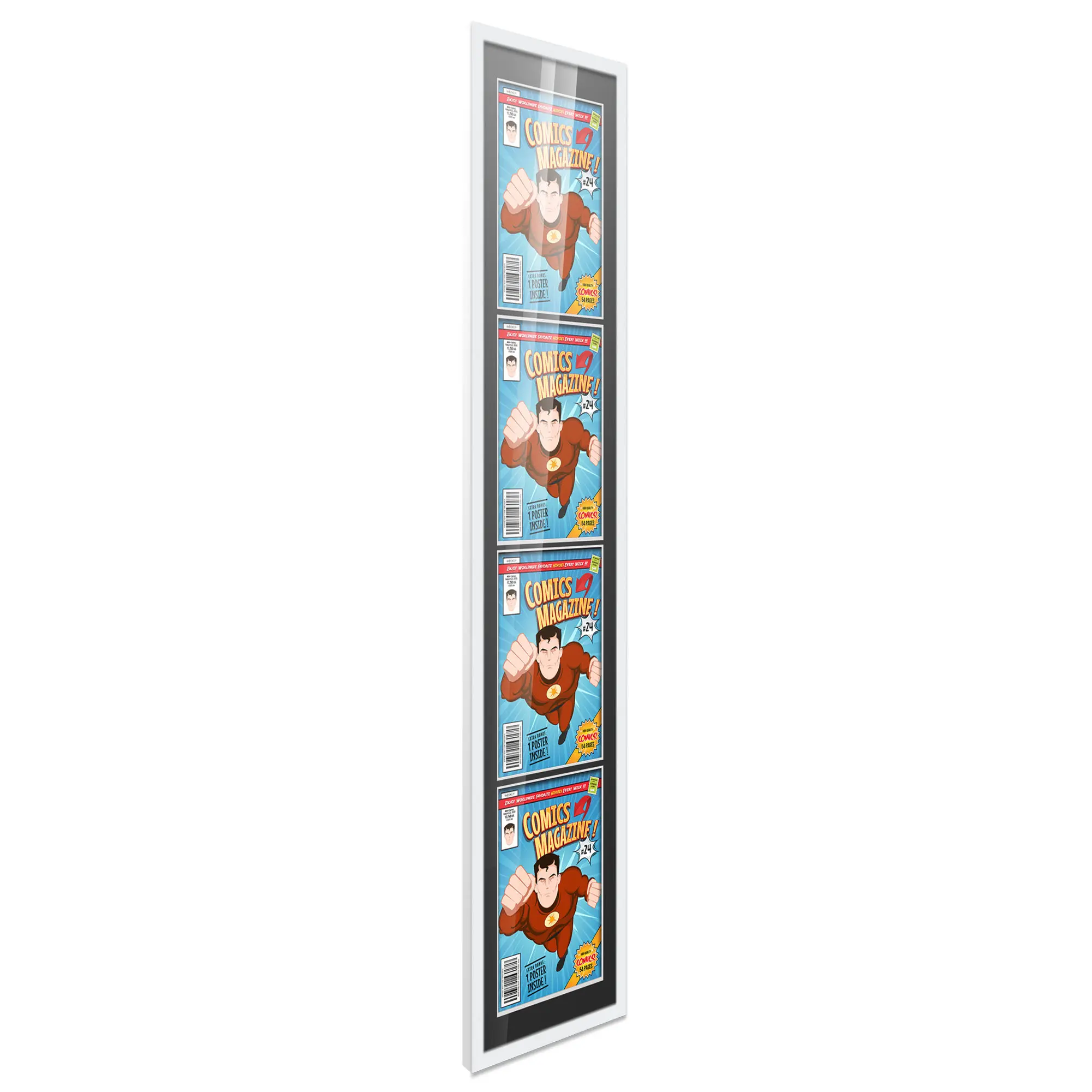 Comic Book Frame with Mat for 4 Current Era Comics Published After 1985 - White Wood Comic Frame With Black Mat for 6.875x10.5 Comics - 11.25x47 Frame Size