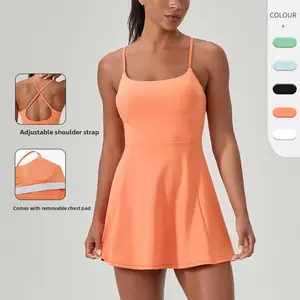 Spring  summer fitness one-piece tennis skirt with chest pad women's nude quick-drying sports dress running skirt gym wear