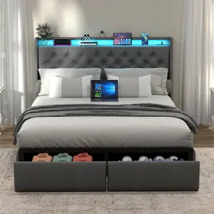 Queen Size Bed Frame with Storage Headboard, RGB LED Light & USB Charging Station - Grey