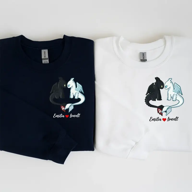 Personalized Toothless and Light Fury Couple Sweatshirt, Toothless Couple Dragon Hoodie, Matching Anniversary Hoodie, Gift for Her & Him