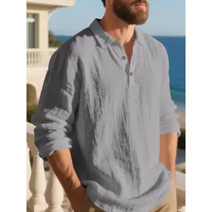 Autumn American style new linen polo shirt long sleeved loose collar button casual business men's T-shirt, comfortable and fashionable