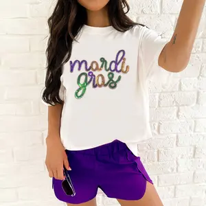 White Sequin Mardi Gras Graphic T Shirt, Casual Loose Short Sleeve Tee For oversized tshirt Women, Trendy Sparkly Party Top For Holiday Festival And Daily Casual Wear SummerVibes outdoorfun