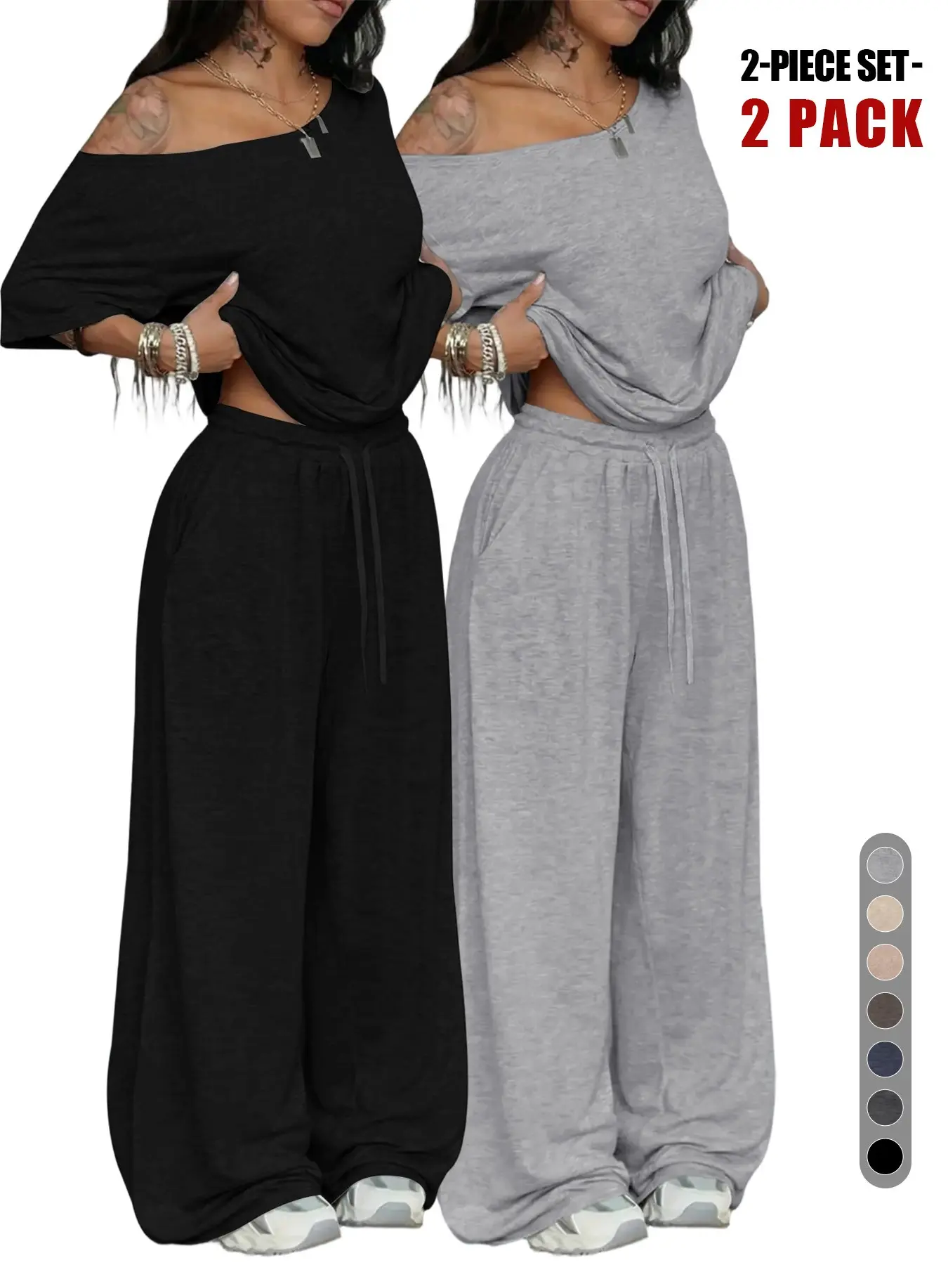 Relaxed Off-Shoulder 2 Piece Set, Oversized Top and Wide Leg Elastic Drawstring Pants for Casual, Daily, Everyday, Streetwear, Comfortable Womenswear Loungewear