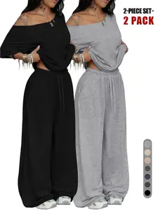 Relaxed Off-Shoulder 2 Piece Set, Oversized Top and Wide Leg Elastic Drawstring Pants for Daily, Everyday, Streetwear, Comfortable Loungewear