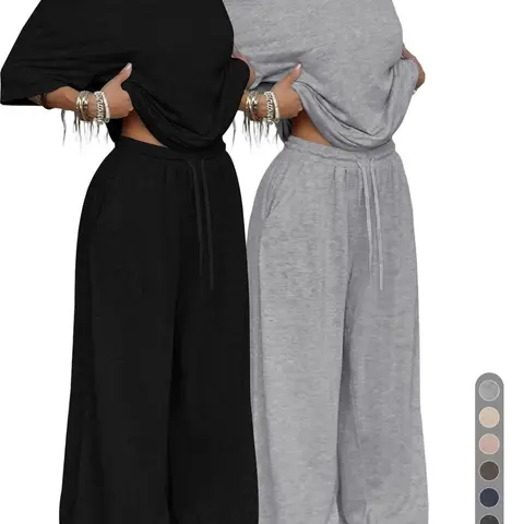 Relaxed Off-Shoulder 2 Piece Set, Two Pieces Outfits, Oversized Top and Wide Leg Elastic Drawstring Pants for Casual, Daily, Everyday, Streetwear, Comfortable Basic Womenswear Loungewear