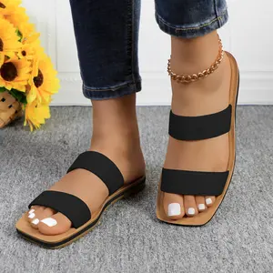 Women's Two Band Flat Sandals Square Open Toe Footwear Fashionable Comfortable Soft Cushioned Insole Slides Slip-on Summer Casual Dress Shoes DB