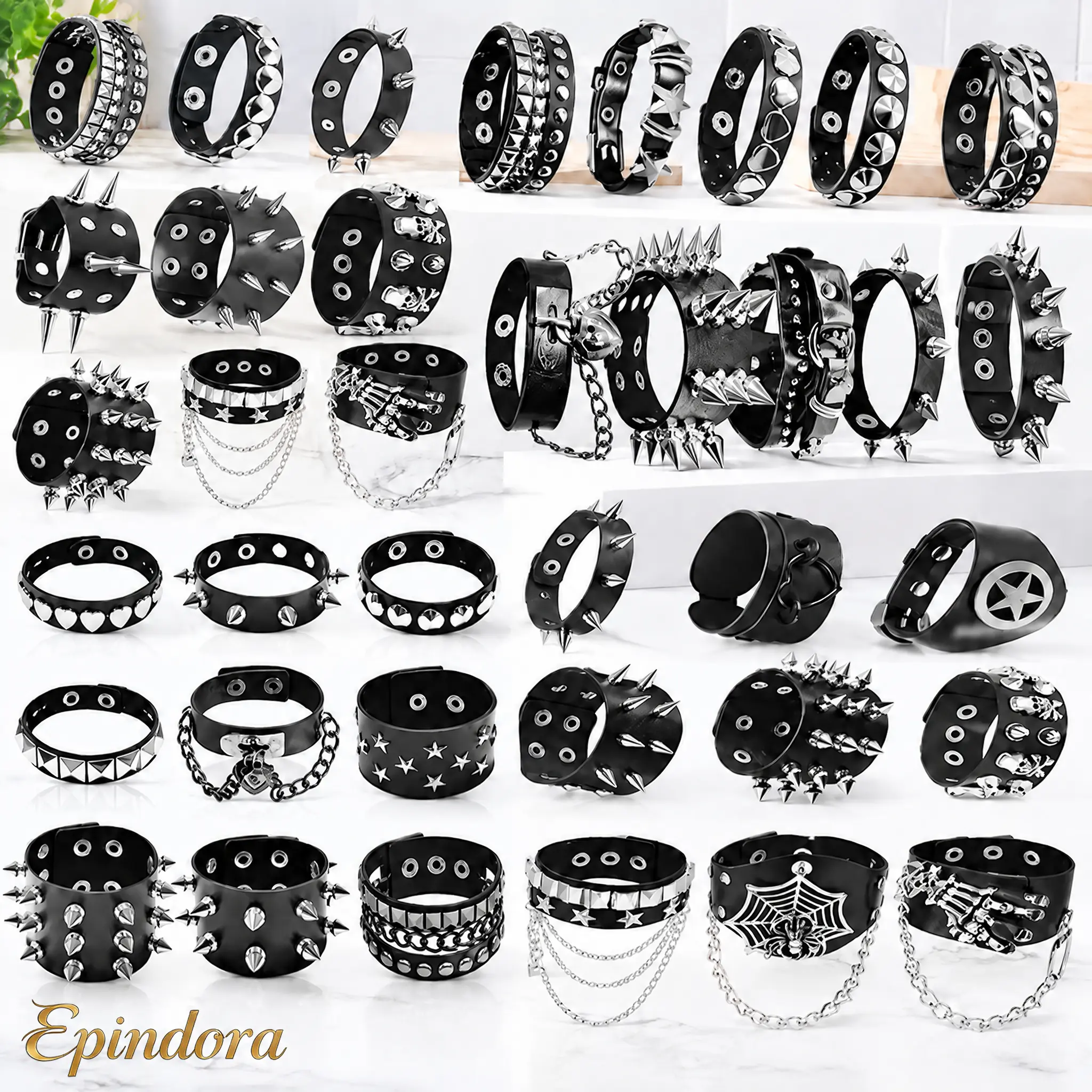 Epindora Black PU Leather Punk Spike Studded Wrist Cuff Bracelet Set — Gothic Wide Belt Bracelets with Silver Tone Spikes, Rivets, Chains & Charms, Adjustable Buckle Emo Rock Statement Wristband Pack