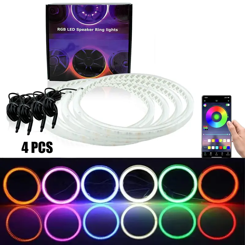 4PCS 6.5" RGB Flowing LED Speaker Ring Lights – Music Sync, Color Chasing Effect, App & Remote Control, Easy Install, Universal Fit for Car Audio Decor
