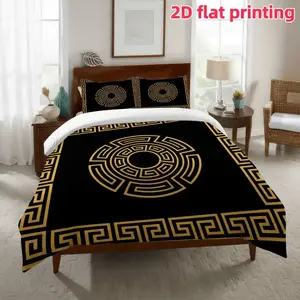 2D Flat 3Pcs Greek Key Pattern Decorative Duvet Cover, Geometric Circle Medallion Bedding, Golden Labyrinth Motif for Bedroom Decoration, Soft Microfiber Comforter (1 + 2 Pillowcases, Unfilled) All Seasons
