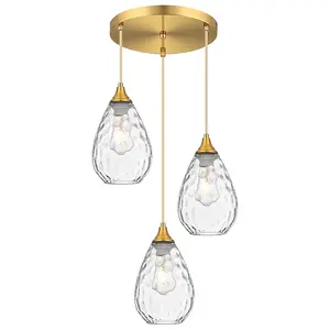Brushed Gold 3-Light Pendant Lighting, Modern Dining Room Light Fixture Over Table with Hammered Glass Cluster Hanging Lights for Kitchen Island Dining Room