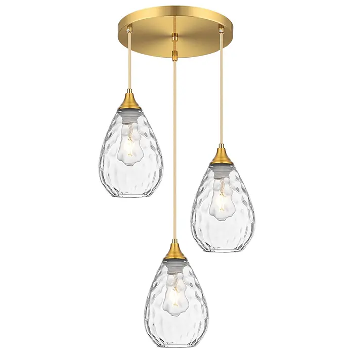 Brushed Gold 3-Light Pendant Lighting, Modern Dining Room Light Fixture Over Table with Hammered Glass Cluster Hanging Lights for Kitchen Island Dining Room