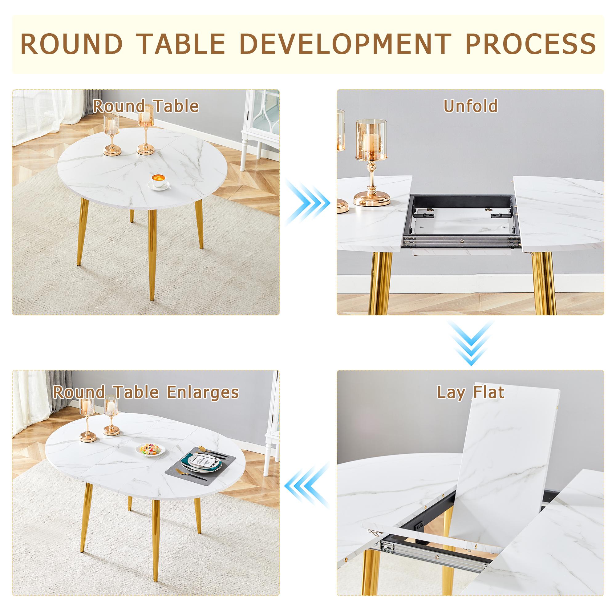 Extendable Dining Table – Round to Oval Pull Out Table for Small Spaces, Space Saving Drop Leaf Table for Kitchen Living Room, MDF Folding Dining Table with Gold Metal Legs, Expandable Table for 4-6