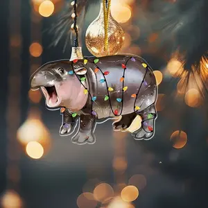 Cute Baby Hippo Moo Deng 2D Flat Ornament Gift Christmas Tree Hanging Ornament; Meme Xmas ornament decor, funny sign decor
