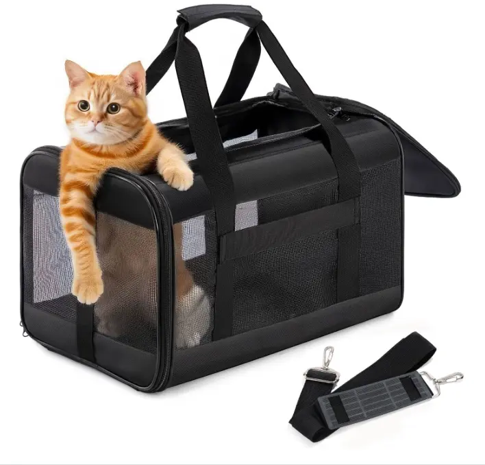Cat Carrier Airline Approved, Soft-Sided Dog Carrier with Inner Safety Leash, Pet Transport Carrier for Small-Medium Cats Puppies up to 15 Lbs, Collapsible Travel Kitten Carrier Bag -BlackM