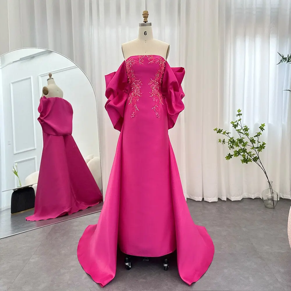 Dubai Fuchsia Dreams: 2025 Luxury Mermaid Evening Dress with Cape Shawl for Arabic Women at Long Wedding Parties and as Esteemed Guests.