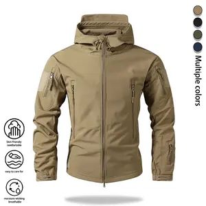 Men’s hooded tactical softshell jacket, waterproof, windproof, breathable military combat outerwear with multiple pockets for outdoor hiking, fishing, and hunting; lightweight outer garment