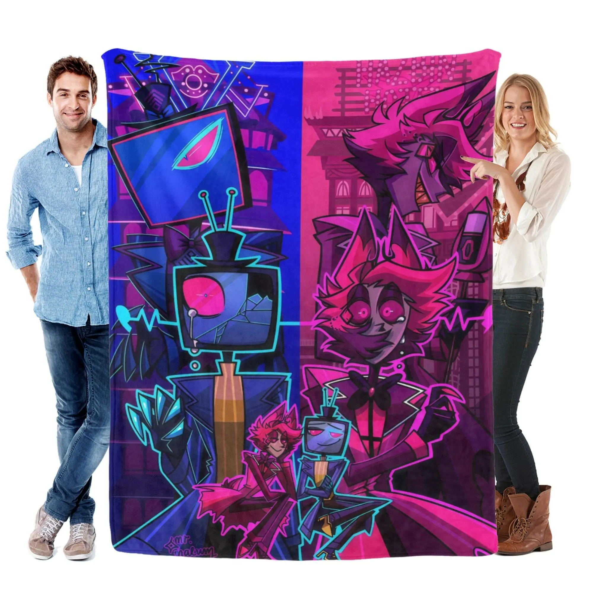 Hazbin Hotel Anime Flannel Fleece Blanket - Alastor vs Vox Glam Decor, Wrinkle-Resistant Breathable Durable Soft Lightweight Throw for Couch/Bed, Vibrant Digital Print, Christmas Gift for Teens/Adults (All Sizes)