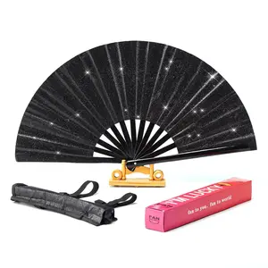 1 pcs Folding Fan Clack Hand 13inch Bamboo Holster for women Dancing Party Wedding Night Club Concert Festival Large (Black)