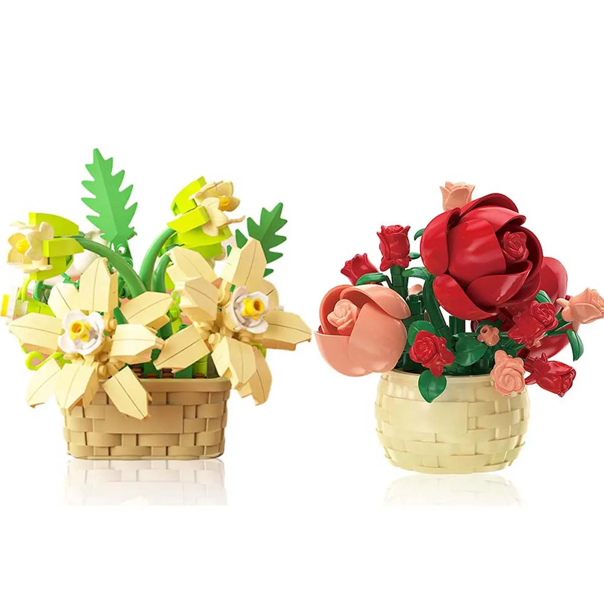 Flower Building Blocks 2 Pack - Botanical Collection Mini Artificial Flower Basket Building Toys, Fake Flowers Pot Bouquet Kit, Creative Desk Home Decor Room Aesthetic Gifts for Women Girls Kids