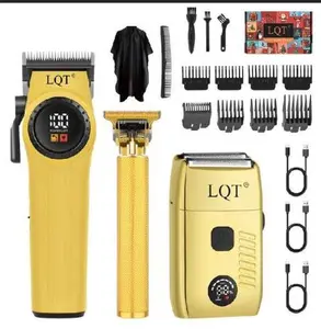 LQT Professional Yellow Hair Cutting Kit, Cordless Rechargeable Hair Clipper, Precision T-Blade Edger & Electric Shaver with LCD Screen, Complete Salon-Grade Grooming Set for Barbers, Fades, Edges & Beard Shaping