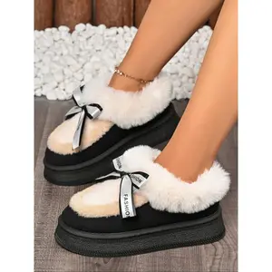 Women's Fall Winter Casual Snow Boots, Fleece Lined, Butterfly Knot Design, Warm Short Booties, Low Top Anti-Cold Shoes