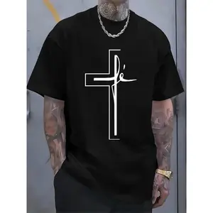 Cotton Short Sleeve  T-Shirt Men'S Summer Casual Sports T-Shirt with Religious Cross Print,  Crew Neck, Short Sleeve, Geometric Pattern,Slight Stretch, Loose Fit, Streetwear  Graphic tees Crewneck Top