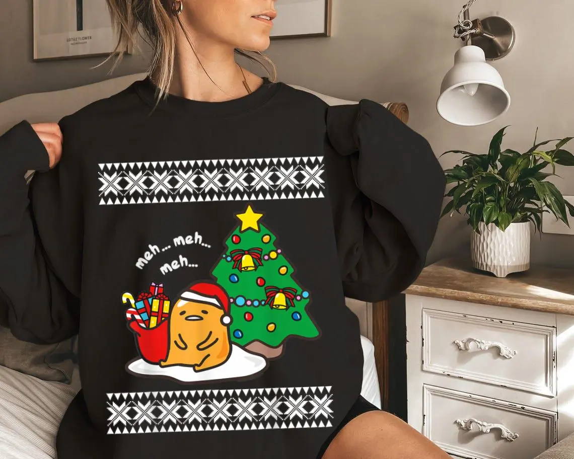Vintage Gudetama Christmas Sweatshirt, Retro Lazy Egg Character Holiday Hoodie, Classic Cute Ugly Christmas Sweater, Trendy Anime Style Christmas Sweatshirt Hoodie Sweater With Cozy Seasonal Appeal