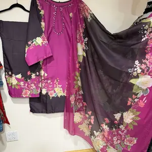 Satin Silk Mirror Embrioded Neckline Shirt With Printed Trouser and Silk Dupata Lulusar Prints Trending Casual Wear for Ladies