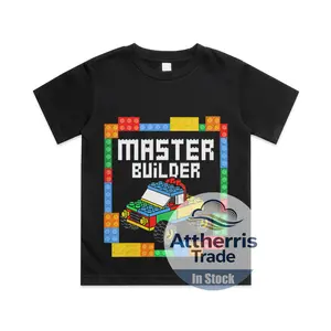 Master Builder Blocks Building Car Block Truck Toy Kid Gifts Cotton T-shirt, Graphic Print Round Neck Short Sleeve Casual Tee for Boys Girls