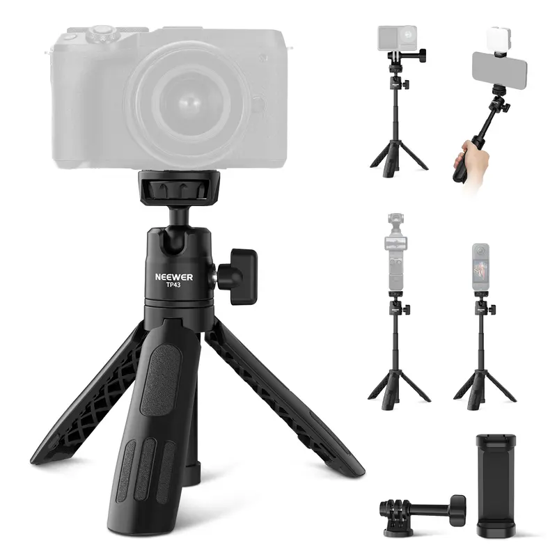 NEEWER TP43 Mini Desktop Selfie Stick Travel Tripod - Portable Lightweight Cellphone Tripod with 360° Ball Head, Elevated Central Axis, 1/4" Screw, Cold Shoe Phone Clip, Phone Accessories for iPhone/GoPro, Vlog/Photography Use