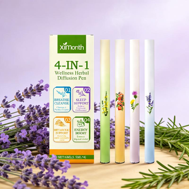 XIMONTH 4-IN-1 New Wellness Herbal Diffusion Pen Thyme &Mint Extracts for Lung Detoxification Oral Air FresheningRelaxation Stick Solution