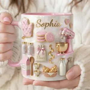 Custom Name Baking Mug 2D Printed 3D Effect, Personalized Coffee Cup with Cake and Bakery Design for Bakers, Baking Moms and Dessert Lovers, Perfect for Mother’s Day, Birthdays, Holidays, Kitchen Use, Meaningful Gift Idea