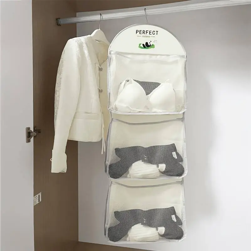 Space-Saving Three-Tier Hanging Sock Organizer Bag with Pockets, Fabric Mesh Storage Bag for Dorms & Home Wall Mounting, Multi-Layer Sorter