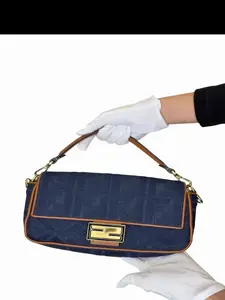 Pre-owned FENDI Denim Shoulder Bags 2010 2023 Zucca Embroidered Baguette Satchel Blue A 91 B20 35